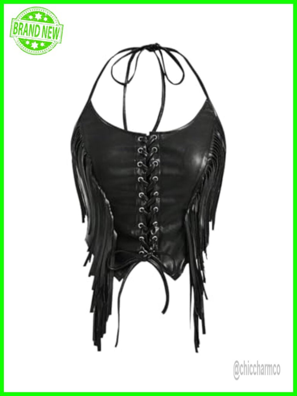 Plus Size PU Leather Halter Crop Top Asymmetrical Fringe Lace Up Cami